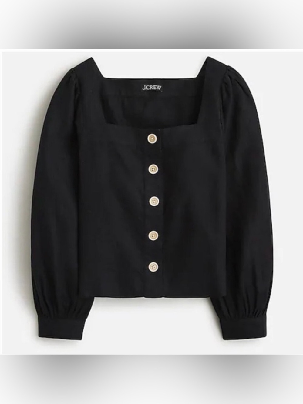 J. Crew Black Square-Neck Button-Front Top 100% Linen   Balloon Sleeve SZ M
